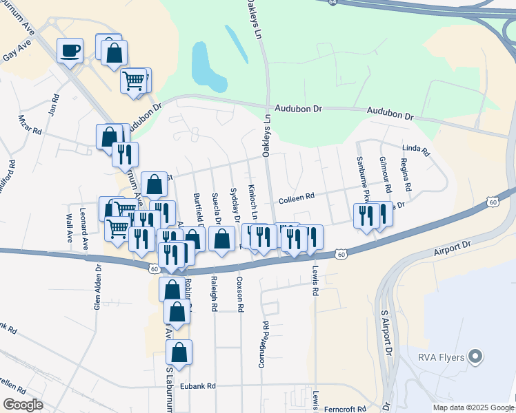 map of restaurants, bars, coffee shops, grocery stores, and more near 4834 Kinloch Lane in Richmond