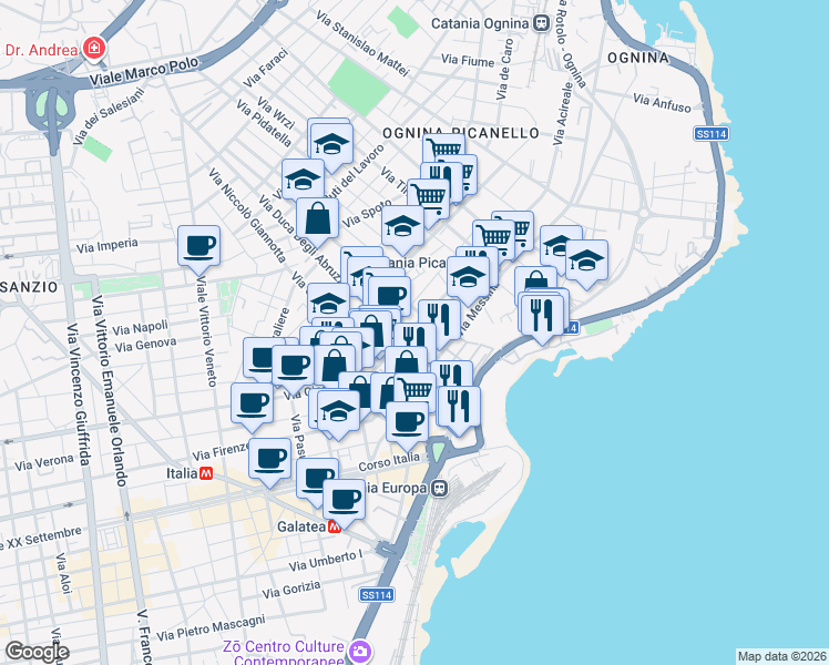 map of restaurants, bars, coffee shops, grocery stores, and more near 55 Via Principe Nicola in Catania