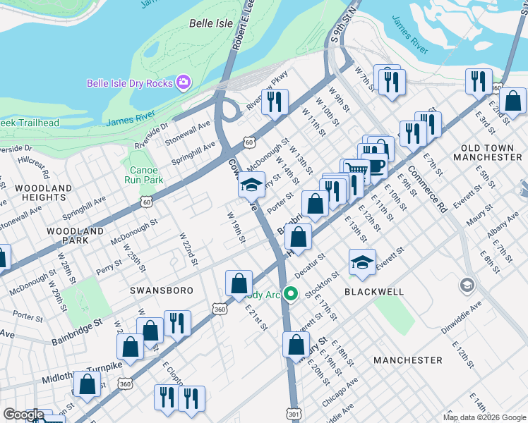 map of restaurants, bars, coffee shops, grocery stores, and more near 221 Cowardin Avenue in Richmond