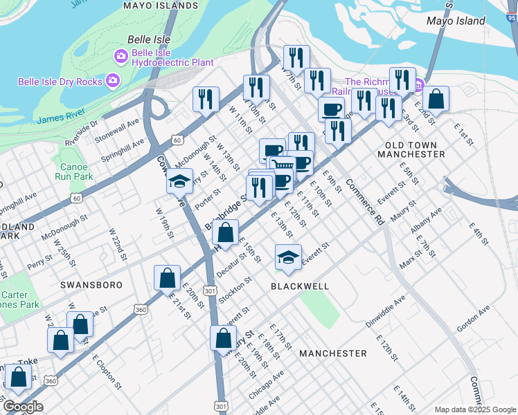 map of restaurants, bars, coffee shops, grocery stores, and more near 1311 Hull Street in Richmond