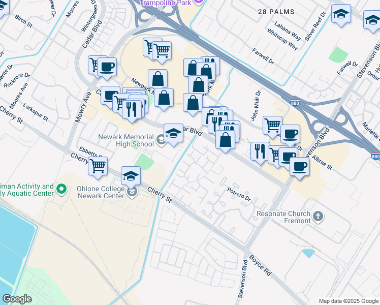 map of restaurants, bars, coffee shops, grocery stores, and more near 6175 Joaquin Murieta Avenue in Newark