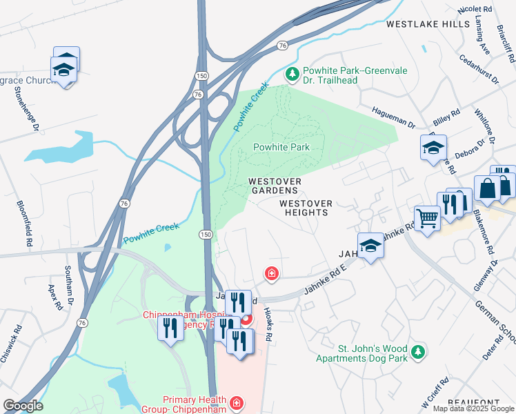 map of restaurants, bars, coffee shops, grocery stores, and more near 12531 Westcott Drive in Richmond