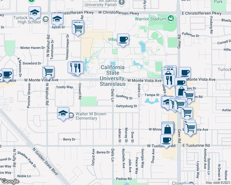 map of restaurants, bars, coffee shops, grocery stores, and more near 709 Waves End Way in Turlock