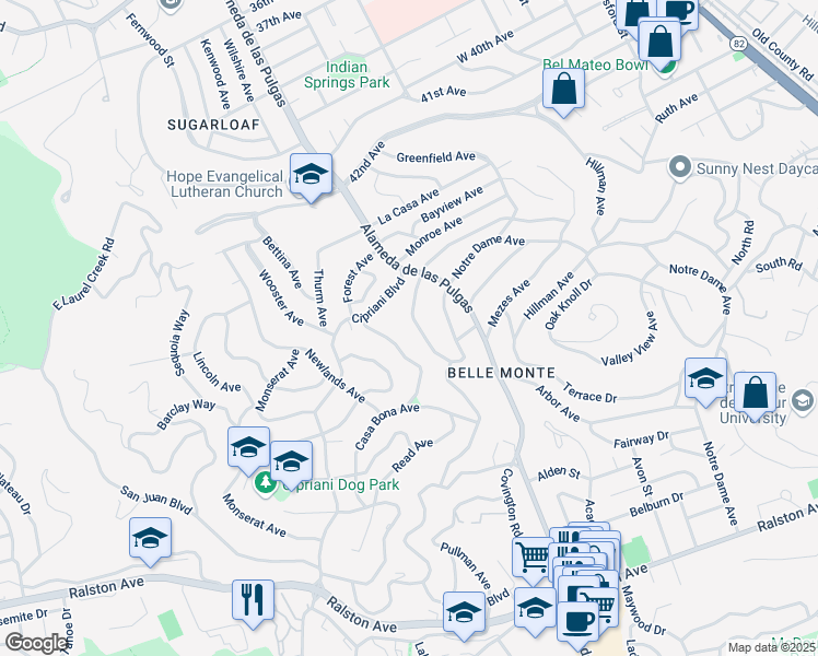 map of restaurants, bars, coffee shops, grocery stores, and more near 2111 Cipriani Boulevard in Belmont