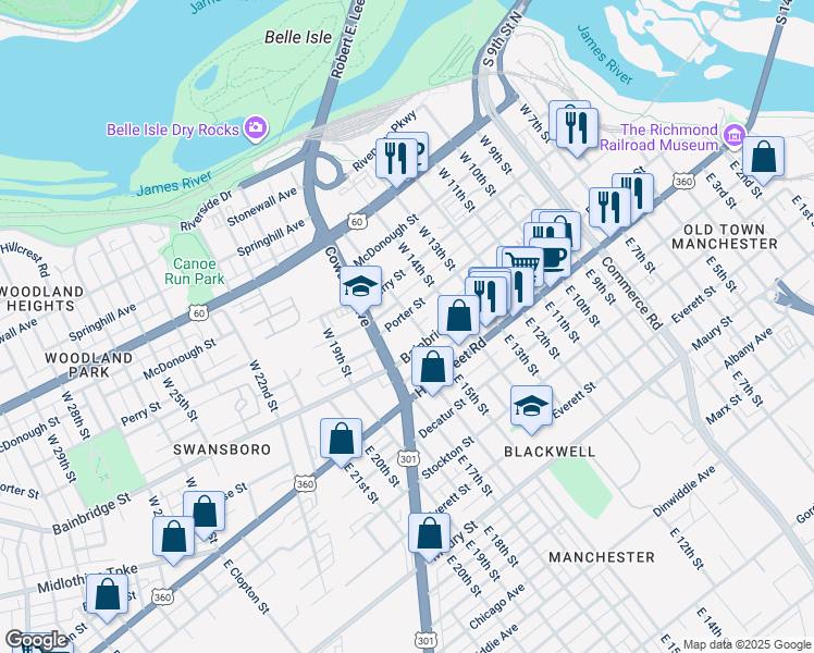 map of restaurants, bars, coffee shops, grocery stores, and more near 1504 Porter Street in Richmond