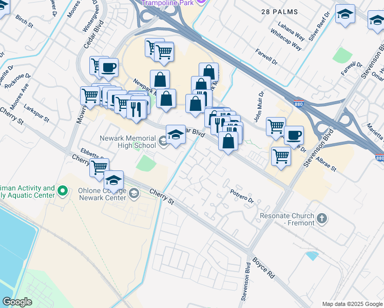 map of restaurants, bars, coffee shops, grocery stores, and more near 6175 Joaquin Murieta Avenue in Newark