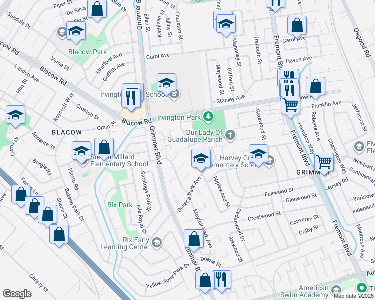 map of restaurants, bars, coffee shops, grocery stores, and more near 4504 Capewood Terrace in Fremont