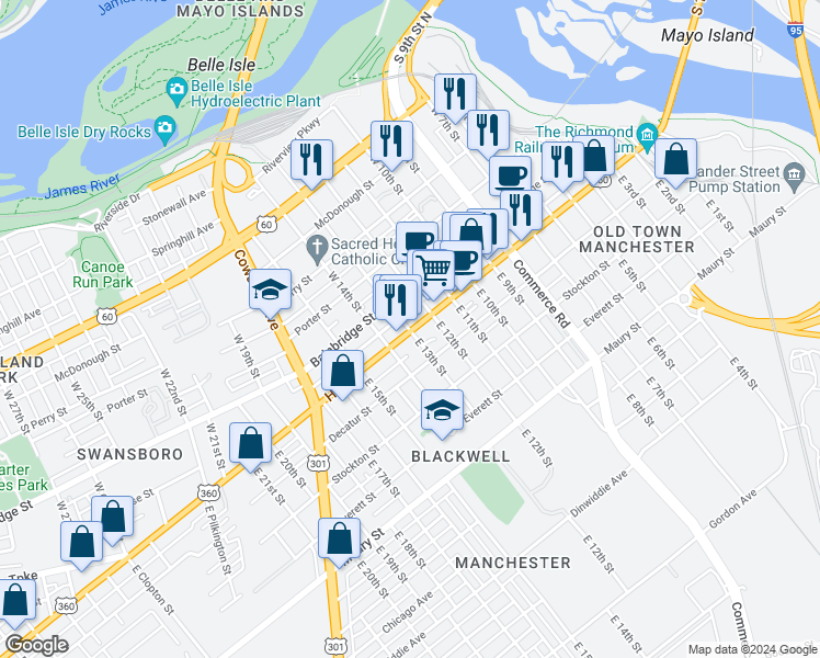 map of restaurants, bars, coffee shops, grocery stores, and more near 1227 Hull Street in Richmond