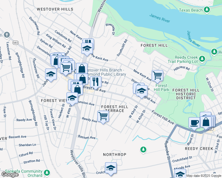 map of restaurants, bars, coffee shops, grocery stores, and more near 1406 Cedar Lane in Richmond