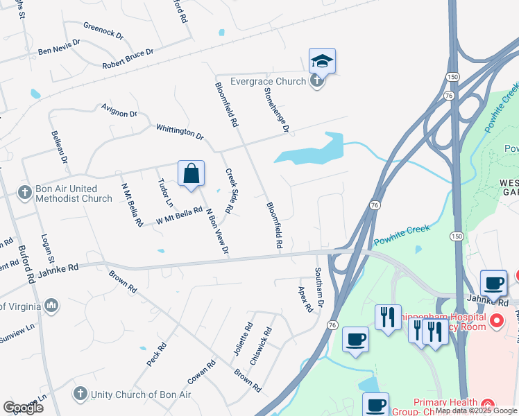 map of restaurants, bars, coffee shops, grocery stores, and more near 1524 Bloomfield Road in Richmond