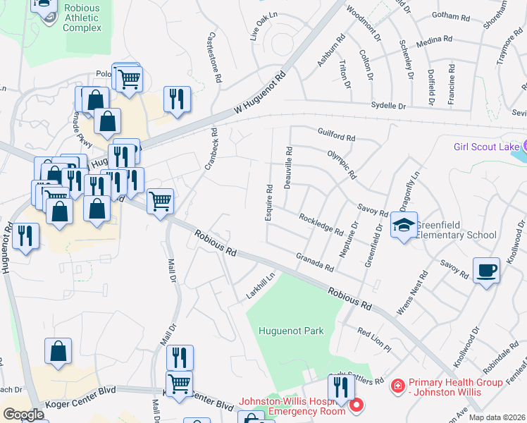 map of restaurants, bars, coffee shops, grocery stores, and more near 2111 Ermavedo Drive in Richmond