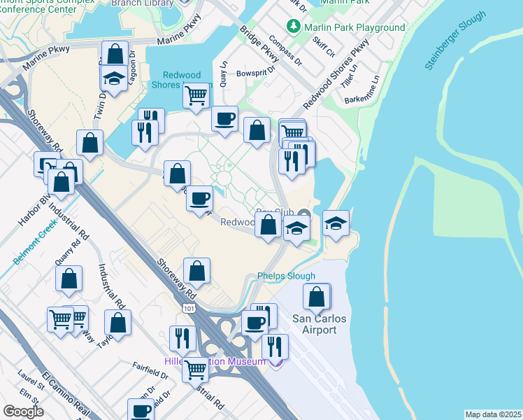 map of restaurants, bars, coffee shops, grocery stores, and more near 203 Redwood Shores Parkway in Redwood City