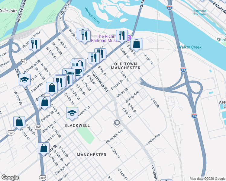map of restaurants, bars, coffee shops, grocery stores, and more near 153 East 7th Street in Richmond