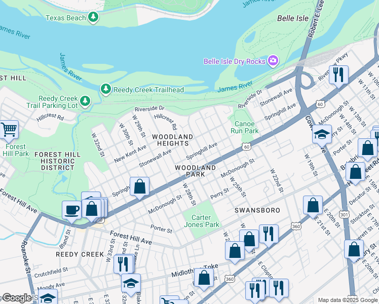 map of restaurants, bars, coffee shops, grocery stores, and more near 605 West 27th Street in Richmond