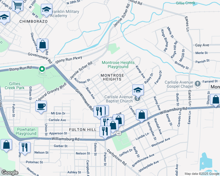 map of restaurants, bars, coffee shops, grocery stores, and more near 1903 Newman Road in Richmond