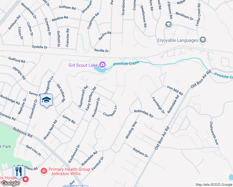 map of restaurants, bars, coffee shops, grocery stores, and more near 2424 Trefoil Way in Richmond