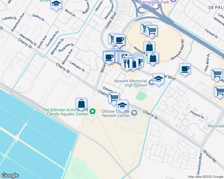 map of restaurants, bars, coffee shops, grocery stores, and more near 39146 Ebbetts Street in Newark
