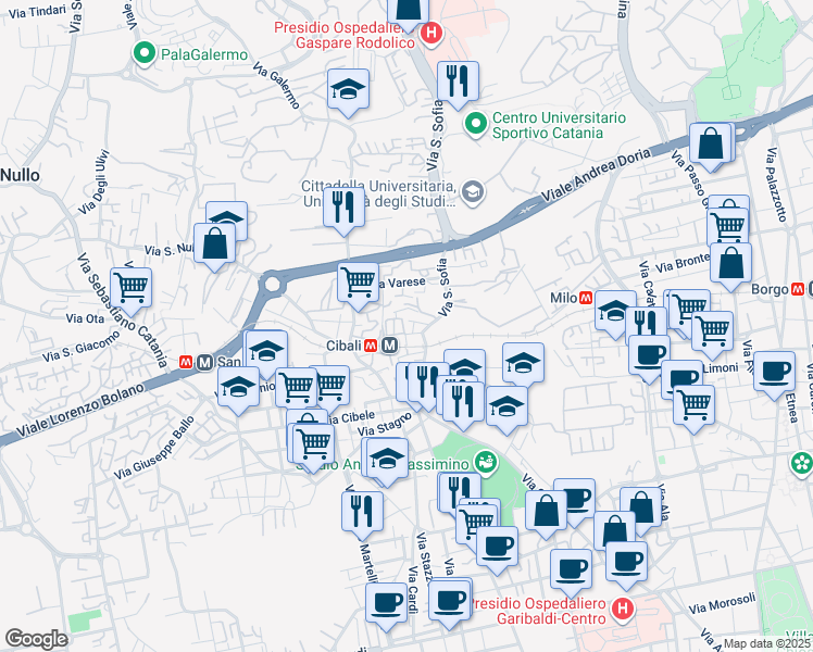 map of restaurants, bars, coffee shops, grocery stores, and more near 34 Via della Sorgiva in Catania