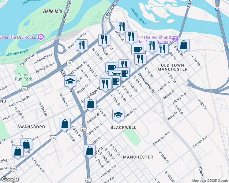 map of restaurants, bars, coffee shops, grocery stores, and more near in Richmond