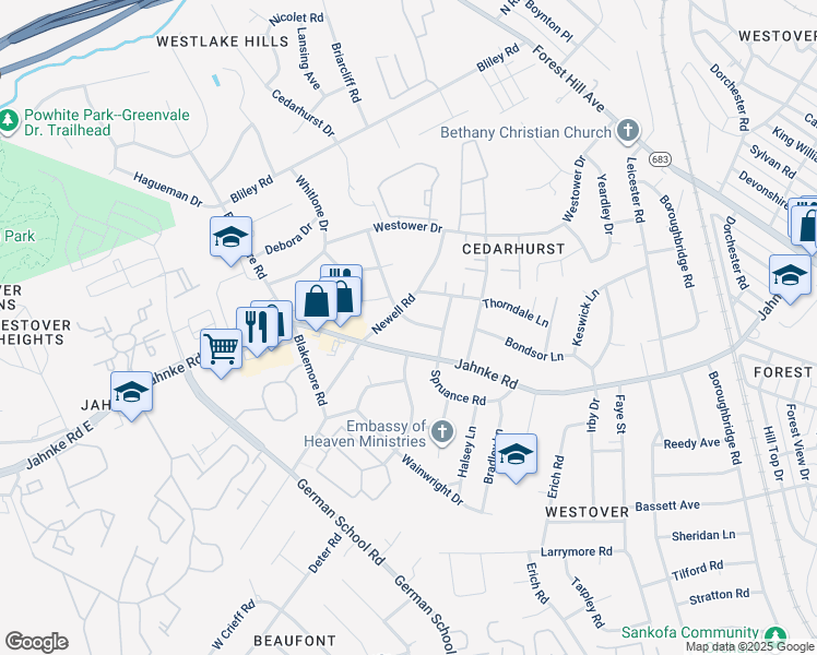 map of restaurants, bars, coffee shops, grocery stores, and more near 1224 Huntland Road in Richmond