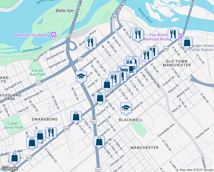 map of restaurants, bars, coffee shops, grocery stores, and more near 1323 Bainbridge Street in Richmond