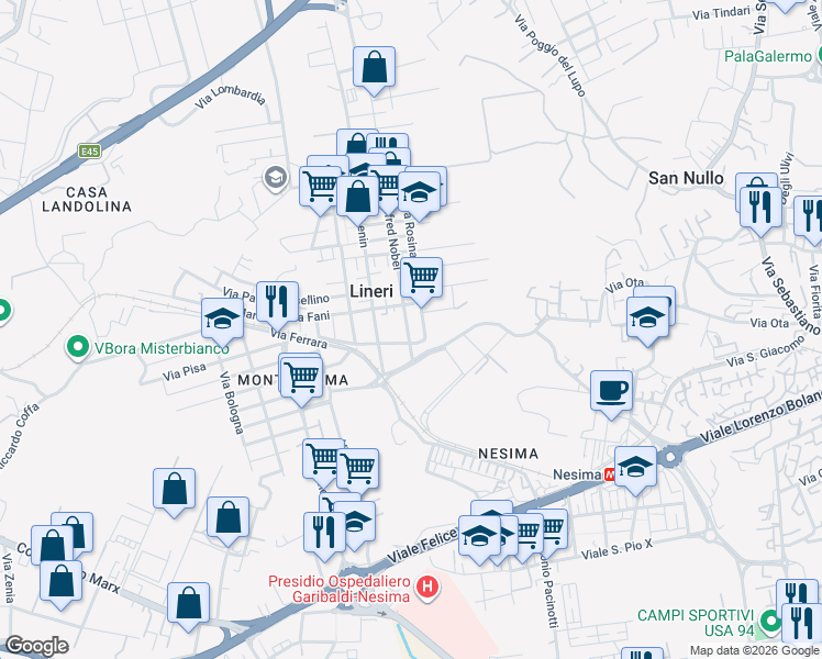 map of restaurants, bars, coffee shops, grocery stores, and more near 21 Via Rosina Anselmi in Lineri