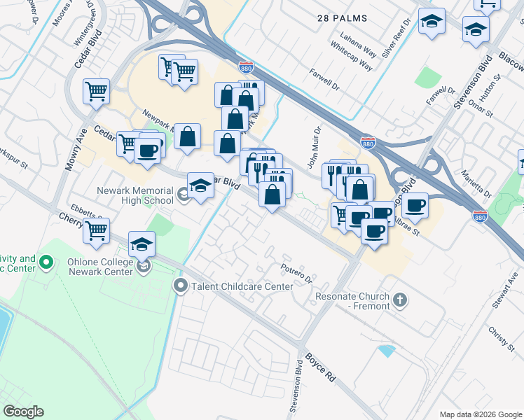map of restaurants, bars, coffee shops, grocery stores, and more near 39748 Cedar Boulevard in Newark