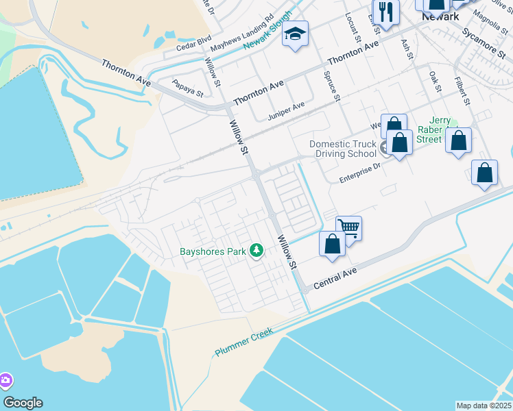 map of restaurants, bars, coffee shops, grocery stores, and more near 37433 Willow Street in Newark