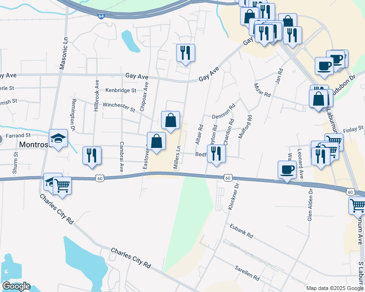 map of restaurants, bars, coffee shops, grocery stores, and more near 4969 Millers Lane in Richmond