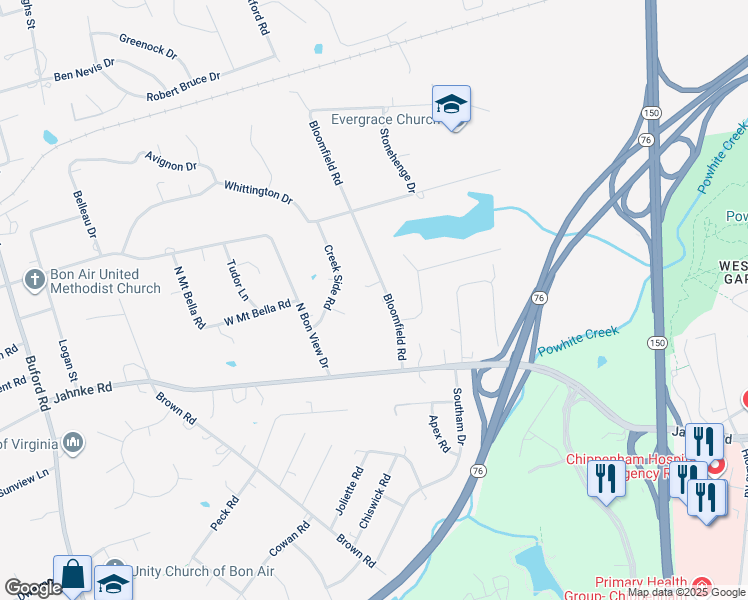 map of restaurants, bars, coffee shops, grocery stores, and more near 1524 Bloomfield Road in Richmond