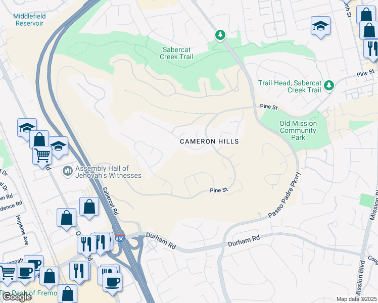 map of restaurants, bars, coffee shops, grocery stores, and more near 43654 Southerland Way in Fremont