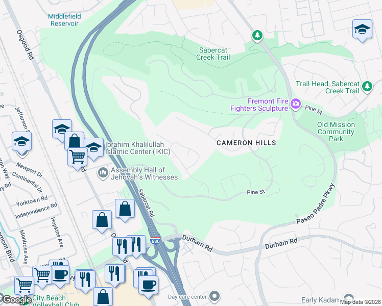 map of restaurants, bars, coffee shops, grocery stores, and more near 43598 Euclid Drive in Fremont