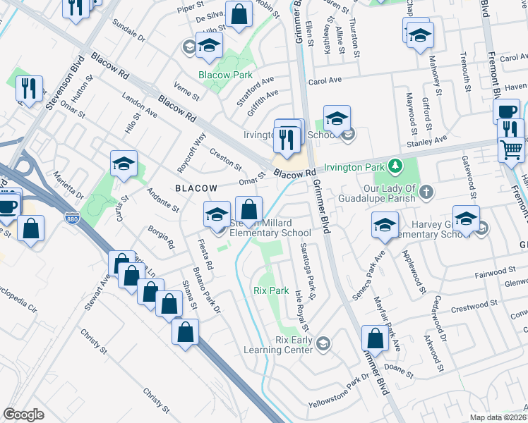 map of restaurants, bars, coffee shops, grocery stores, and more near 4844 Mauna Loa Park Drive in Fremont