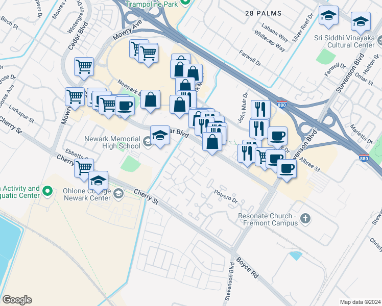map of restaurants, bars, coffee shops, grocery stores, and more near 6023 Cedar Boulevard in Newark