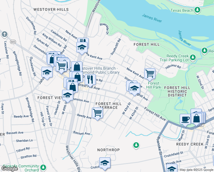 map of restaurants, bars, coffee shops, grocery stores, and more near 1406 Cedar Lane in Richmond