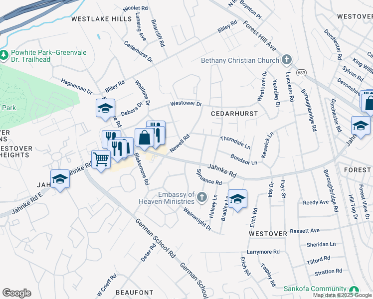 map of restaurants, bars, coffee shops, grocery stores, and more near 1224 Huntland Road in Richmond