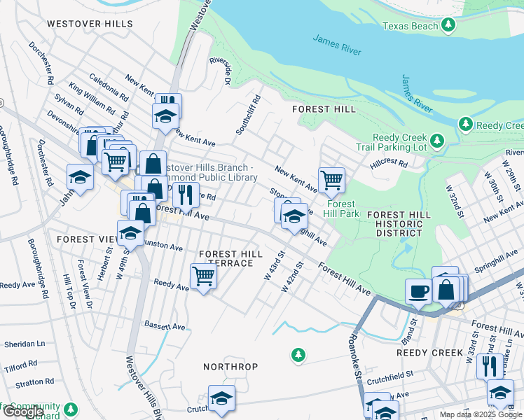map of restaurants, bars, coffee shops, grocery stores, and more near 4403 Forest Hill Avenue in Richmond