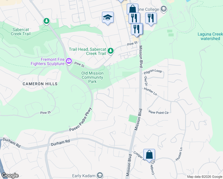 map of restaurants, bars, coffee shops, grocery stores, and more near 43988 Cerro Court in Fremont