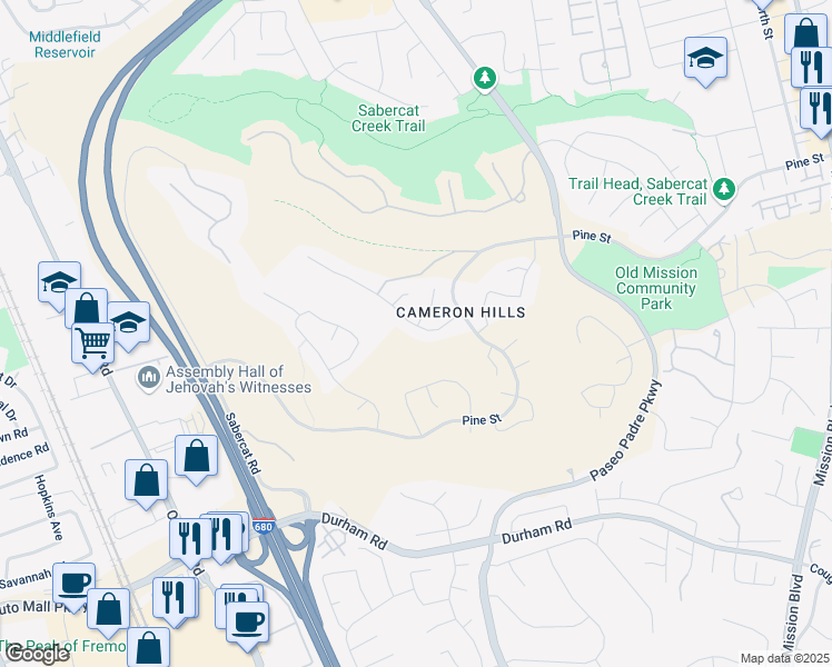 map of restaurants, bars, coffee shops, grocery stores, and more near 43654 Southerland Way in Fremont