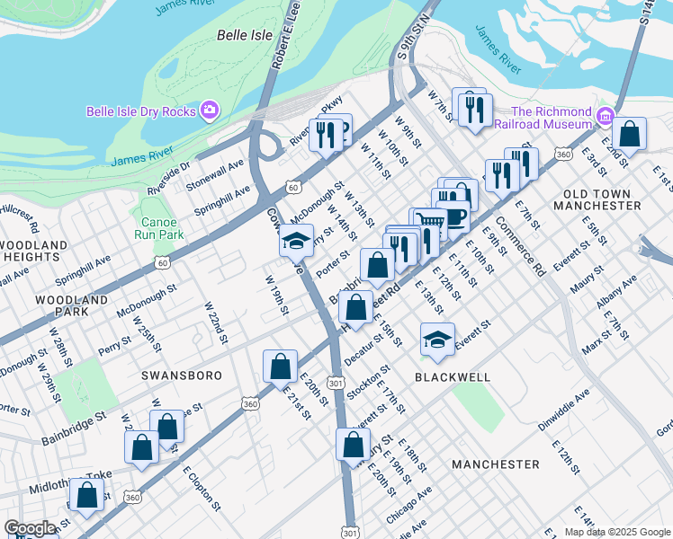 map of restaurants, bars, coffee shops, grocery stores, and more near 1500 Porter Street in Richmond