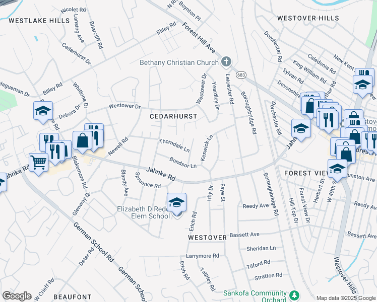 map of restaurants, bars, coffee shops, grocery stores, and more near 5701 Acorn Lane in Richmond