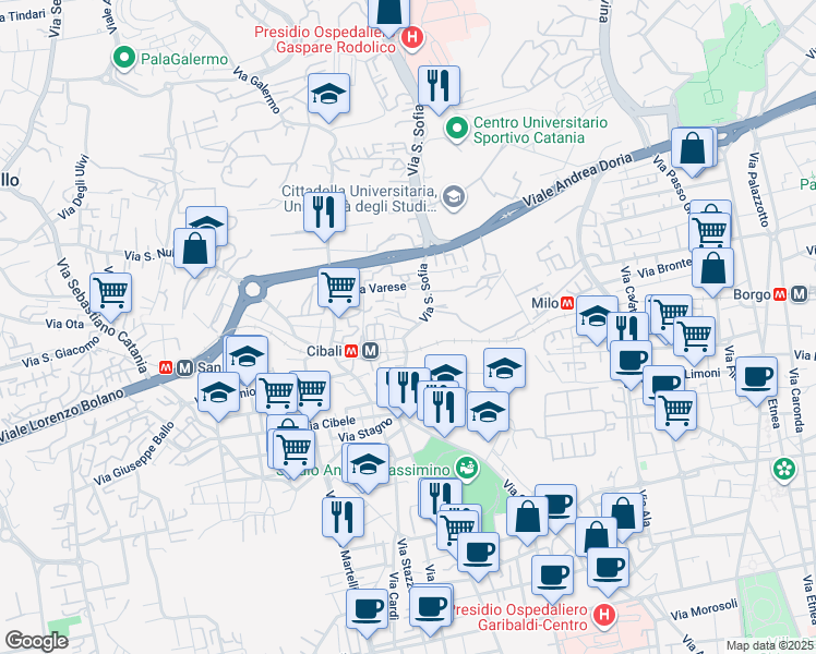 map of restaurants, bars, coffee shops, grocery stores, and more near 34 Via della Sorgiva in Catania