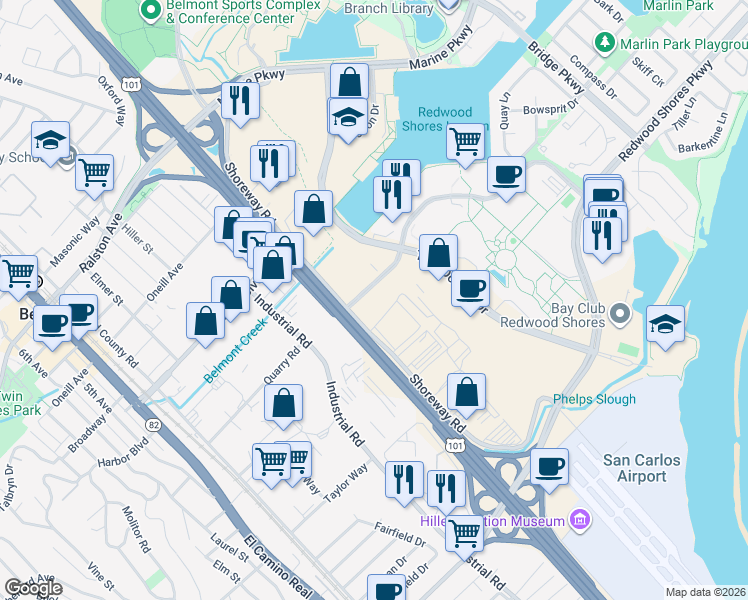 map of restaurants, bars, coffee shops, grocery stores, and more near 1401 Shoreway Road in Belmont