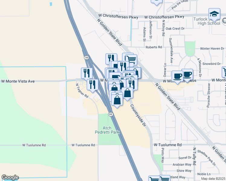 map of restaurants, bars, coffee shops, grocery stores, and more near 3051 Countryside Drive in Turlock