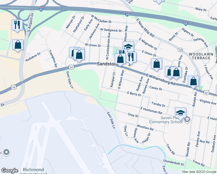 map of restaurants, bars, coffee shops, grocery stores, and more near 21 Kemper Court in Sandston