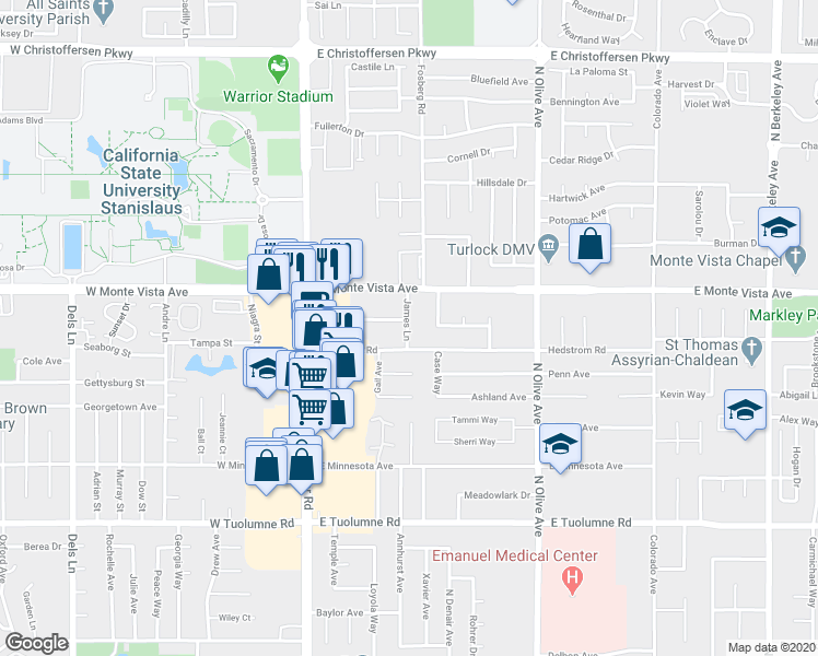 map of restaurants, bars, coffee shops, grocery stores, and more near 3044 James Lane in Turlock
