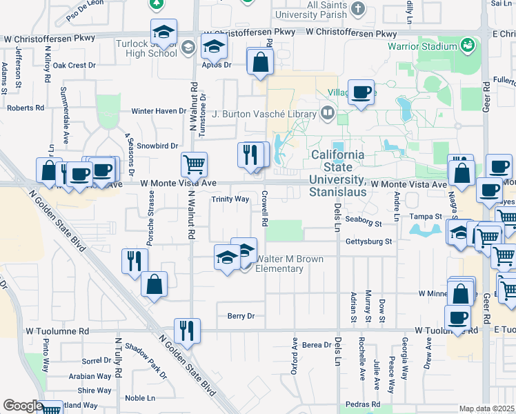 map of restaurants, bars, coffee shops, grocery stores, and more near 3064 Radford Way in Turlock