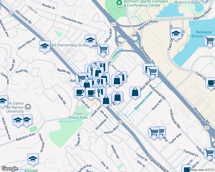 map of restaurants, bars, coffee shops, grocery stores, and more near 1180 Furlong Street in Belmont