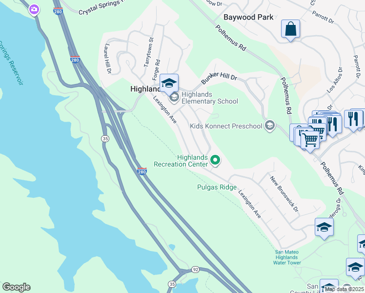 map of restaurants, bars, coffee shops, grocery stores, and more near 1748 Monticello Road in San Mateo