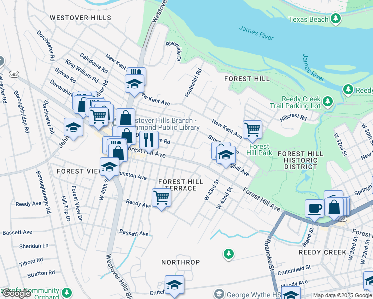 map of restaurants, bars, coffee shops, grocery stores, and more near 1500 West 45th Street in Richmond